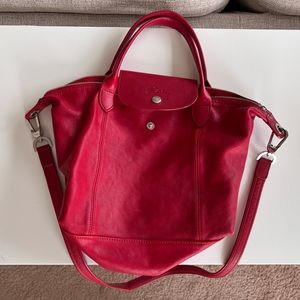 Small Le Pliage Cuir Leather Longchamp tote Red